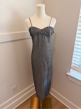 Zara Crinkled Effect Midi Slip Dress – Slate Gray / Charcoal (Size Medium)